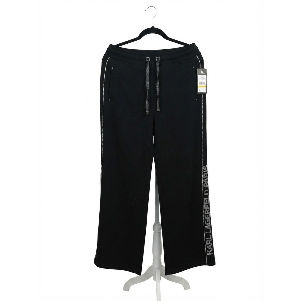 Karl Lagerfeld Paris Womens Black Rhinestone Logo Wide Leg Sweatpants NWT Small